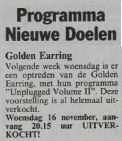 Golden Earring November 16, 1994 show announcement Gorinchem - De Nieuwe Doelen